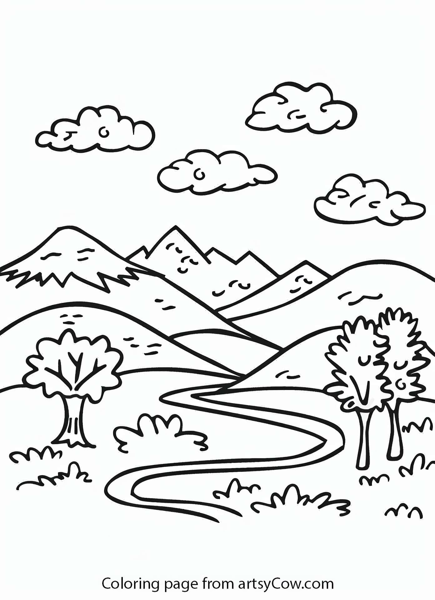 a simple and engaging scene featuring mountains, trees, and winding paths